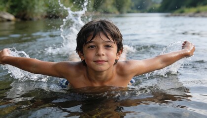Fototapeta premium Young boy swimming in a river with arms outstretched. Child playing in water during summer vacation. Outdoor nature activity and childhood fun concept