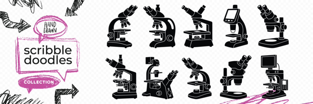 Black solid silhouette doodle vector set of chemistry science laboratory flask test tube and microscope