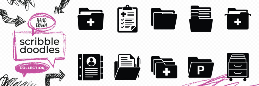 Black solid silhouette doodle vector set of medical records health history folders and clinical clipboards
