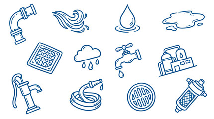 Fototapeta premium Collection of blue outline water and plumbing icons on a clean white background, representing various aspects of water usage and infrastructure
