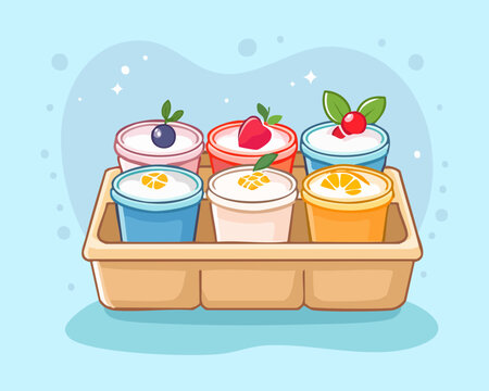 six colorful fruit yogurt cups packed in brown cardboard holder box for modern beverage menu or - Vector Illustration