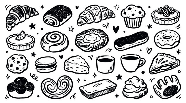 Various hand-drawn black and white bakery items and coffee cups are scattered across a clean white background, creating a charming doodle pattern