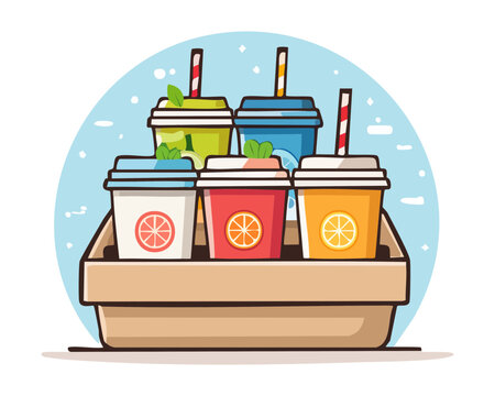 six takeaway fruit juice cups arranged in wooden delivery crate box for modern beverage menu or - Vector Illustration