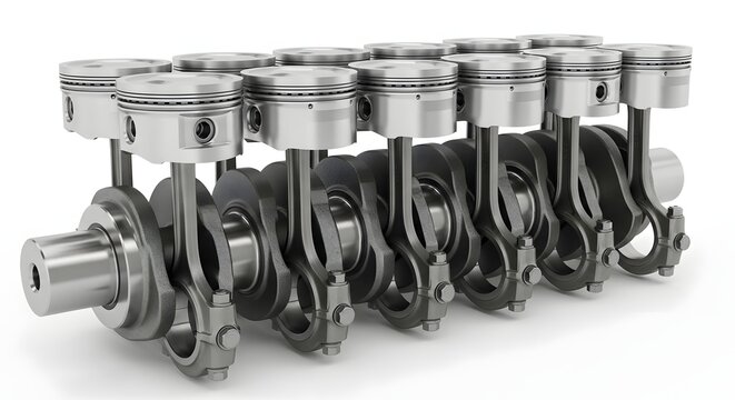 Eight cylinder internal combustion engine crankshaft and pistons assembly.