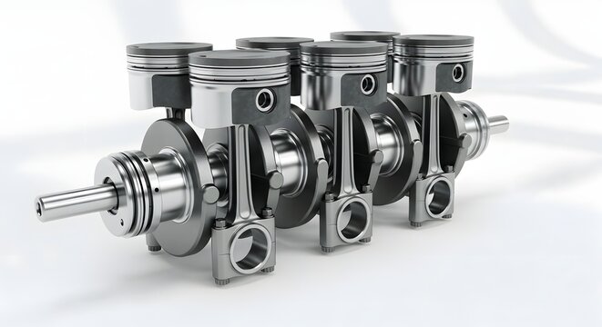 Four cylinder internal combustion engine crankshaft and pistons assembly.