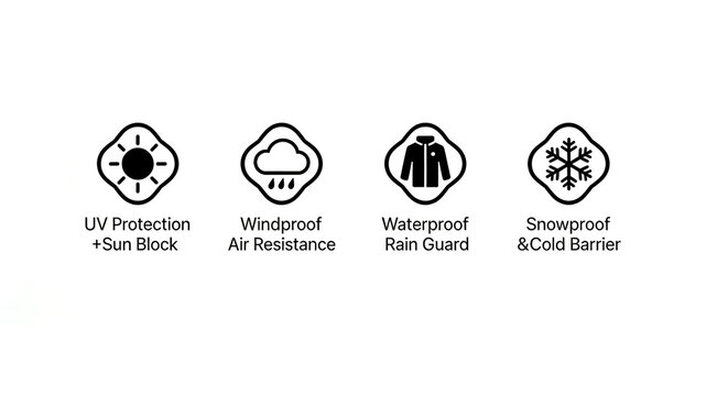 Showcasing UV protection, wind and water resistance, as well as snow and cold resistance, representing all-weather protection functions and outdoor exploration and harsh weather travel concepts.
