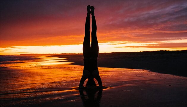 Silhouette of a person performing a yoga headstand on a beach at sunset. Dramatic orange sky reflection on wet sand. Fitness and wellness concept