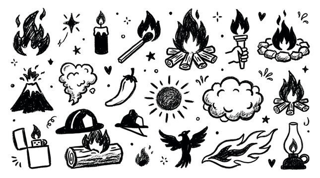 Collection of hand-drawn black and white fire-related icons, including flames, candles, matches, campfires, and a volcano