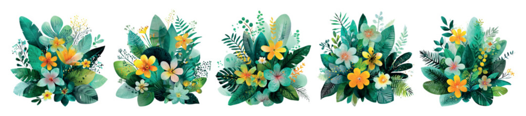 Fototapeta premium Watercolor floral bouquets featuring vibrant tropical flowers and lush green leaves, creating a fresh springtime or botanical themed illustration