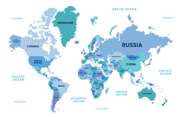 Fototapeta premium World map with countries labeled flat vector illustration for global business