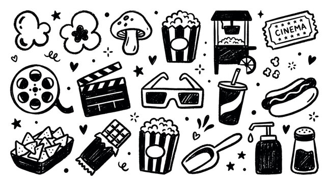 Collection of hand-drawn black and white cinema-themed doodle icons on a clean white background, featuring popcorn, tickets, and film equipment