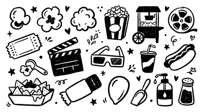 Various hand-drawn cinema and movie night elements, including popcorn, tickets, and film equipment, rendered in a playful doodle style on a clean white background