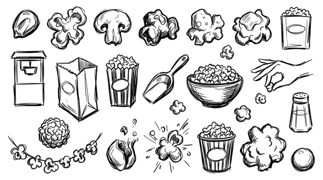 Various hand-drawn popcorn elements, including kernels, popped corn, bags, bowls, and a popcorn machine, on a clean white background