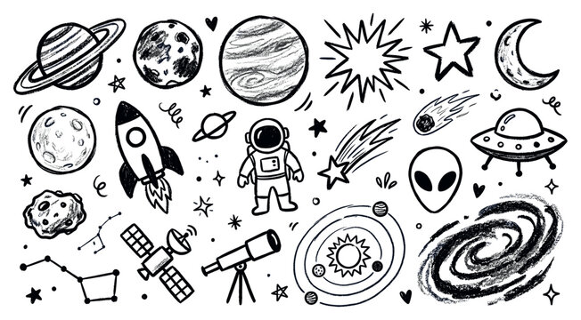 Hand-drawn black and white space elements including planets, rockets, and an astronaut, creating a whimsical cosmic doodle pattern on a clean background