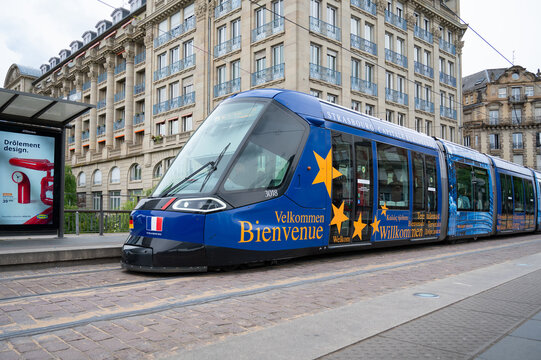 Tram station in Strasbourg, Alsace in France, public transportation, tramway in the city, infrastructure, CTS tramline