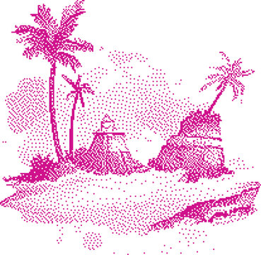 Tropical island scene with palm trees and lighthouse against a hazy sky