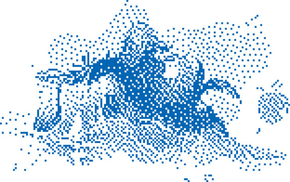 Abstract blue pixelated landscape with mountain and sun concept during daytime