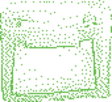 Abstract green pixel grid with empty frame and scattered dots on white background