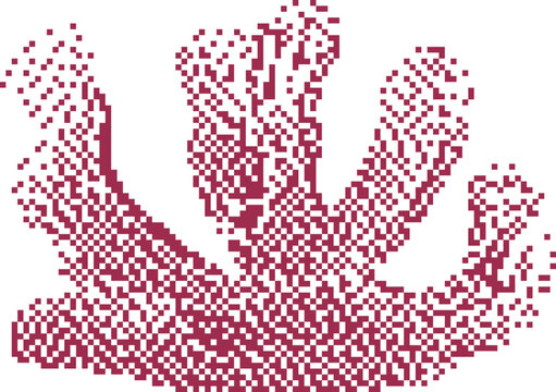 Abstract maroon pixelated coral formation against a white background suggesting deep sea exploration