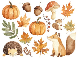 Obraz premium 秋の動物と植物のイラスト