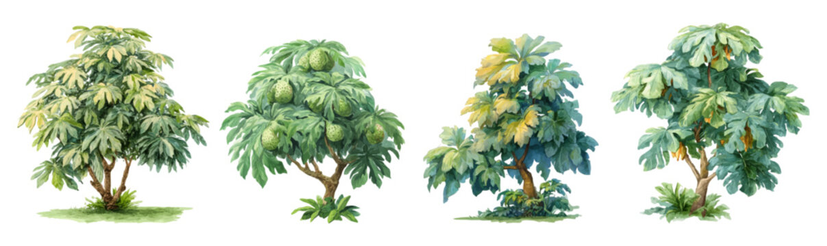 Breadfruit trees in a watercolor illustration, showing tropical plants growing with lush green foliage and some bearing fruits, botanical drawing on white