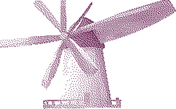 Antique windmill with rotating blades during a bright outdoor day with a soft purple hue