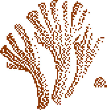 Brown abstract pixelated palm frond fan shape with small circle detail against white background