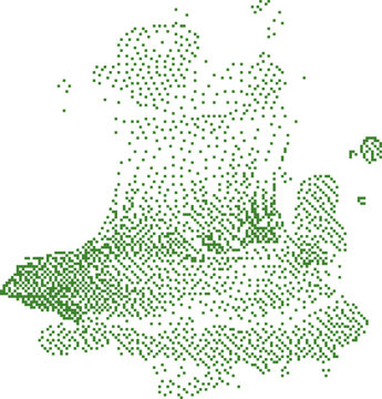 Green dots forming Wales map during daylight with a subtle gradient effect and detailed topography