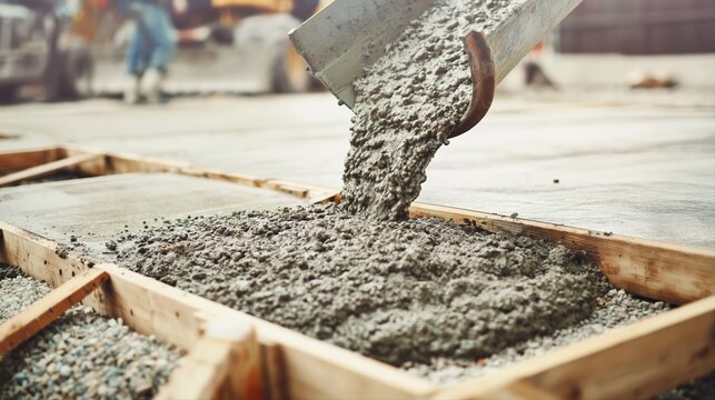 Fresh concrete pours into a wooden foundation form at a construction site. Wet cement flows over gravel, capturing ultra realistic detail and construction process.