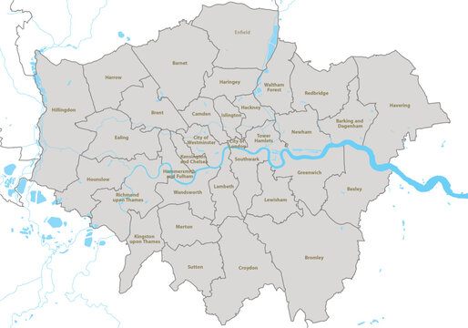 Map of London boroughs administrative divisions with rivers and labels for ur