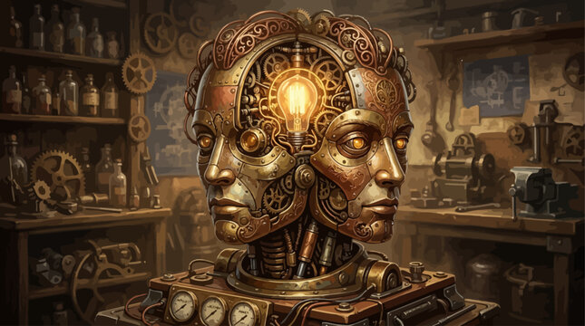 Humanoid robot head with gears and lightbulb, steampunk style, in a workshop