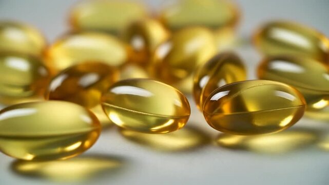 Macro Shot of Golden Omega 3 Fish Oil Capsules on White Background