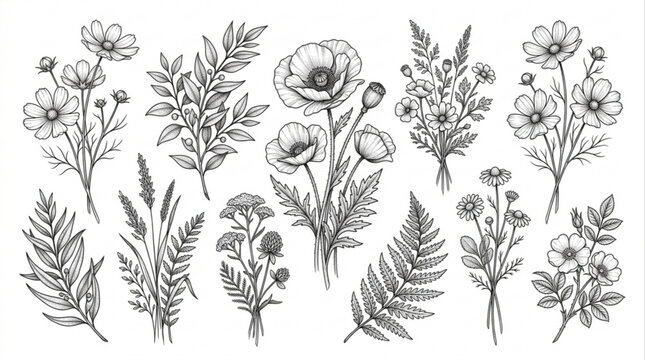 Botanical drawing of various wildflowers and foliage, meticulously detailed in a vintage engraving style