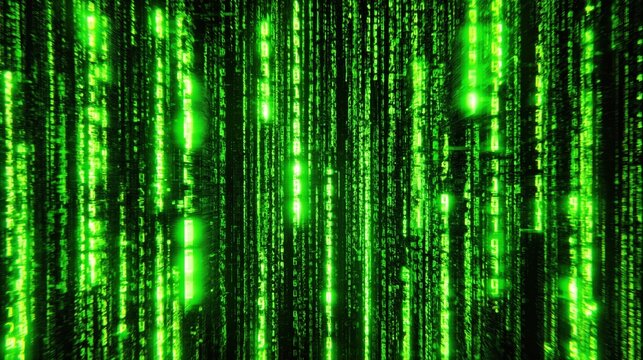 Intense neon matrix-style code cascades in luminous green, evoking a futuristic digital storm. Immersive hyperspeed data flow sets a bold, cyber-coding environment.