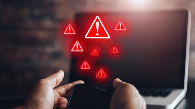 A close-up of hands holding a smartphone surrounded by red warning icons highlights a phishing attack concept. Dramatic lighting and shallow depth of field emphasize cybersecurity threats.