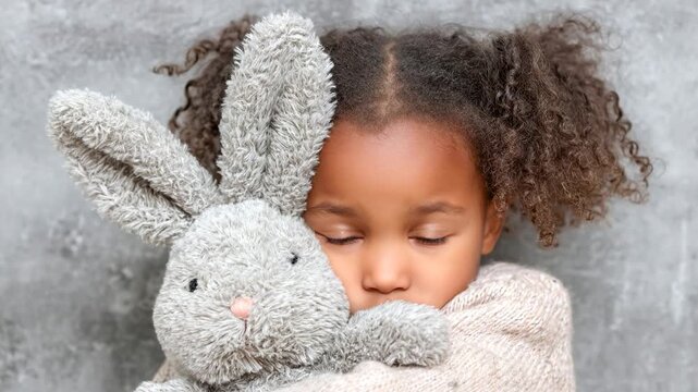 Girl hugs soft toy rabbit while looking at the camera in a cozy setting Generative AI