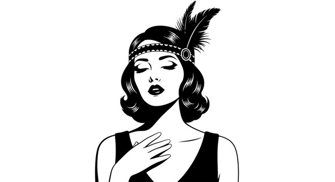 Vintage flapper woman, black and white illustration, feather headband, 1920s style icon, elegant female portrait, monochrome vector graphic