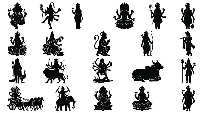 Hindu deities silhouette icons, set of various religious and cultural symbols.