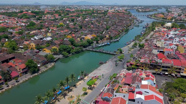 Aerial view of Hoi An old town or Hoian ancient town. Royalty high-quality free stock footage of Hoi An old town. Hoi An is UNESCO world heritage, one of the most popular destinations in Vietnam