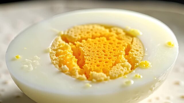 Closeup of a perfectly cooked hardboiled egg cut in half.