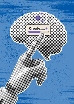 Retro Mixed Media Collage of Robot Hand Pointing to AI Create Button with Halftone Brain Vector Illustration
