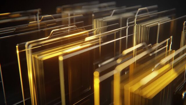 Mel grid of transparent folders with subtle glow illuminating workspace in dim light