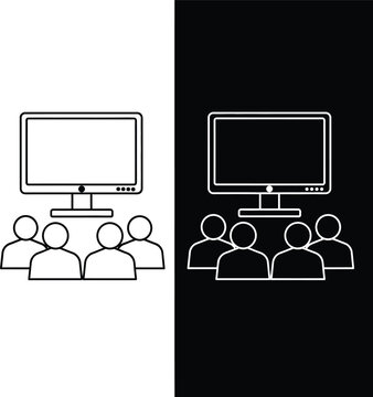 Line icons of people watching a computer screen in black and white