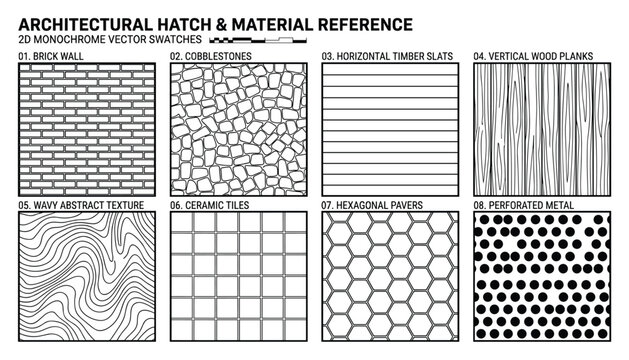 Architectural monochrome hatch material reference 2d vector swatches for design projects.