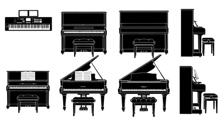 Piano, grand piano, upright piano, digital piano, 8 piano icons, black and white, vector illustrations, musical instruments, keyboard © London