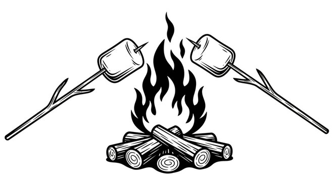 Camping, outdoor, fire pit, marshmallow toasting, vector illustration, black and white, campfire, s'mores, wood logs, flames, sticks