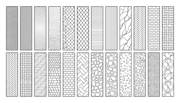 Vertical architectural material hatch patterns reference sheet vector illustration transparent background.