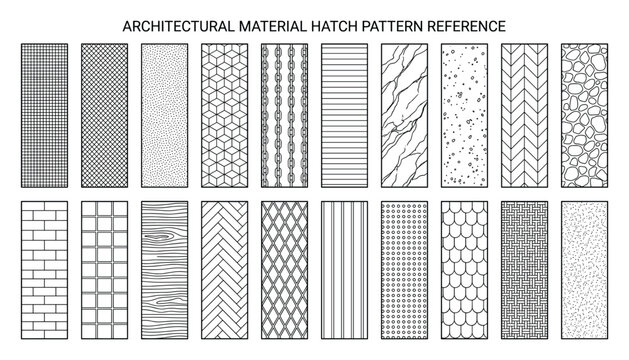 Architectural material hatch pattern reference with 20 textures on transparent background vector illustration.