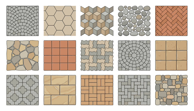 Collection of exterior paving stone patterns and materials vector illustration on transparent background.