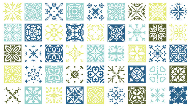 Ceramic Mediterranean pattern tiles set. Blue and yellow Amalfi mosaic ornaments. Italian floral vector design. Vintage traditional floor decor. Oriental collection on white background